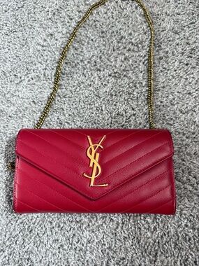 Saint Laurent Red Quilted Chevron Leather Chain Shoulder Bag with Gold YSL